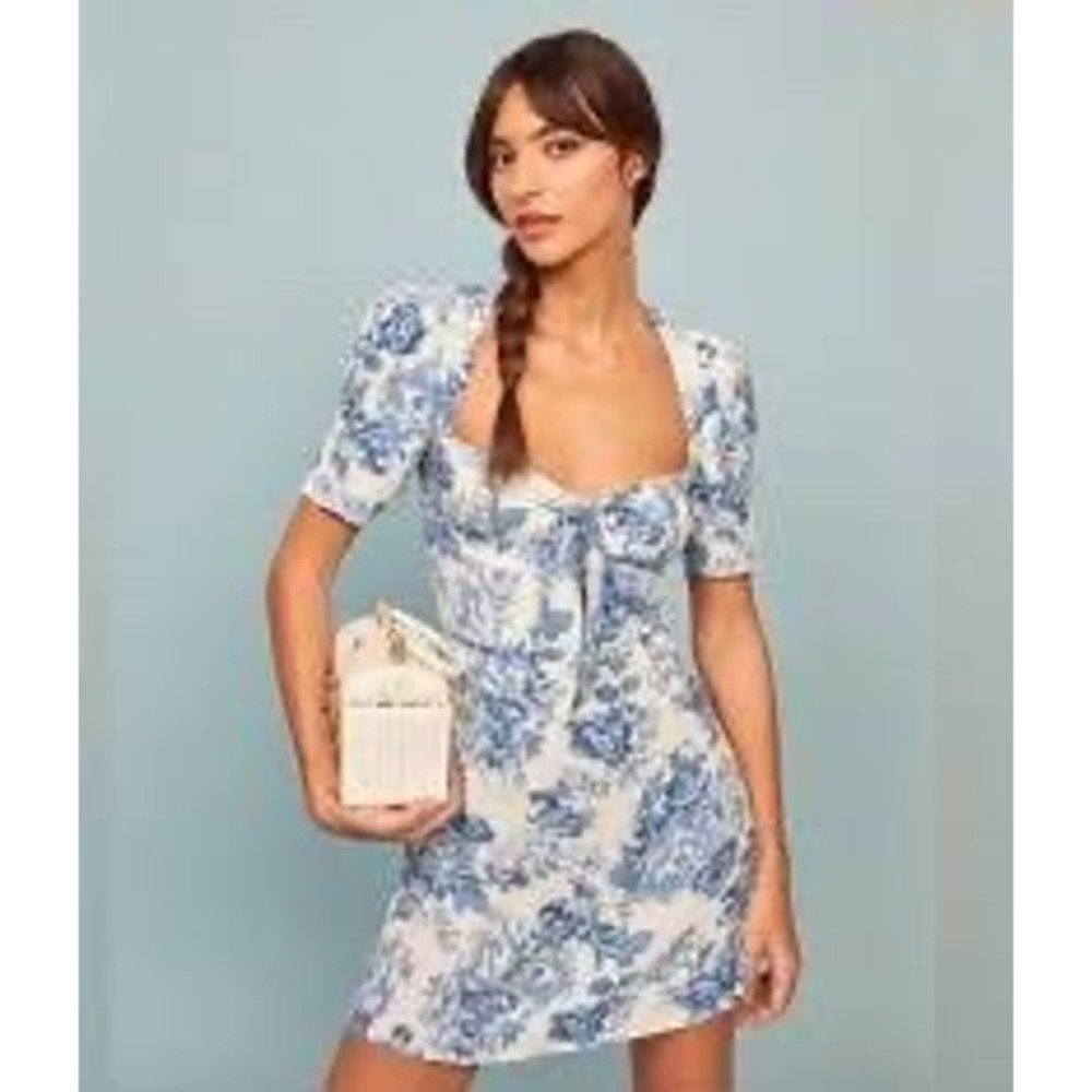 Reformation Brittney Blue White Floral Cottagecore Mini Dress 0